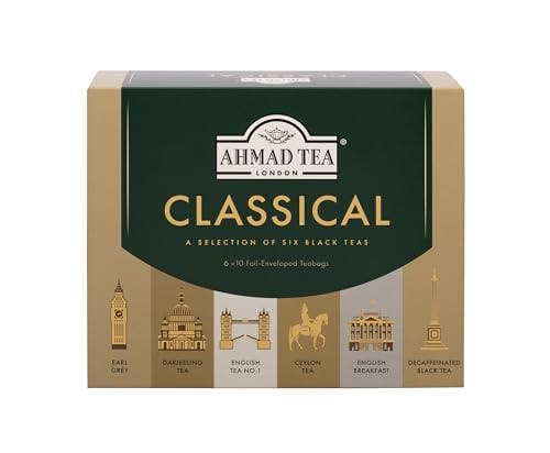 Ahmad Tea Black Tea, Classic Selection Pack Teabags, 60 Foil Teabags - Caffeinated, Decaffeinated, & Sugar-Free