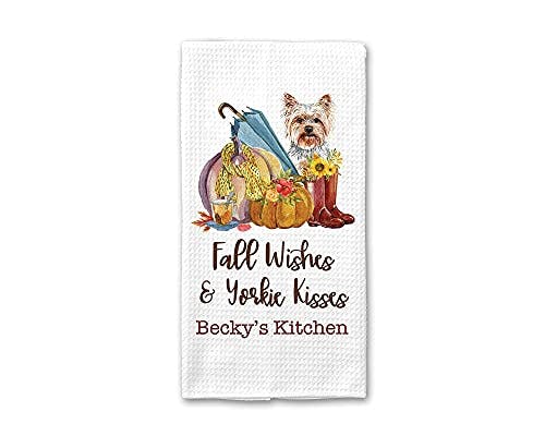 CANARY ROAD Fall Wishes & Yorkie Kisses Kitchen Towel | Personalized Yorkie Tea Towel | Yorkshire Terrior Owner | Dog Hand Towel | Dog Lover Gift | Yorkie Decor