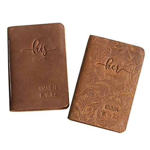 His Vows or Her Vows Stamped with Name and Date, Personalized Leather Wedding Vow Book, Set of 2 Personalized Vow Books - Brown & Tooled Brown - 3001