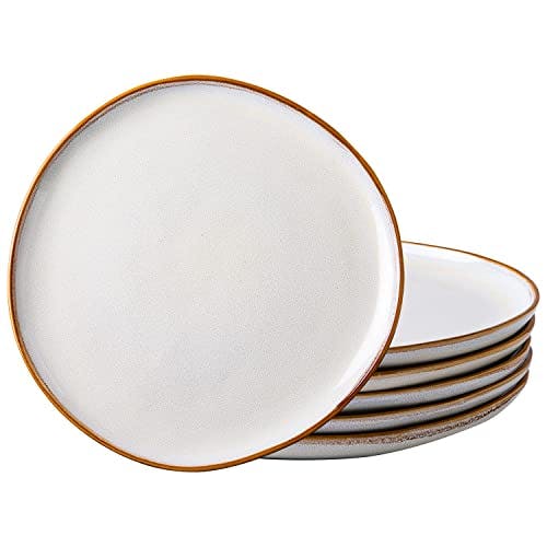 AmorArc Ceramic Dinner Plates Set of 6, 10.5 Inch Handmade Reactive Glaze Stoneware Plates,Large Rustic Shape Dinnerware Dish Set for Kitchen, Microwave & Dishwasher Safe,Scratch Resistant-Pearl White