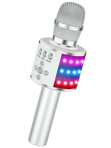BONAOK Bluetooth Wireless Karaoke Microphone with LED Lights,4-in-1 Portable Handheld Mic with Speaker Karaoke Player for Singing Home Party Toys Birthday Gift for Kids Adults Girls Q78(Silver)