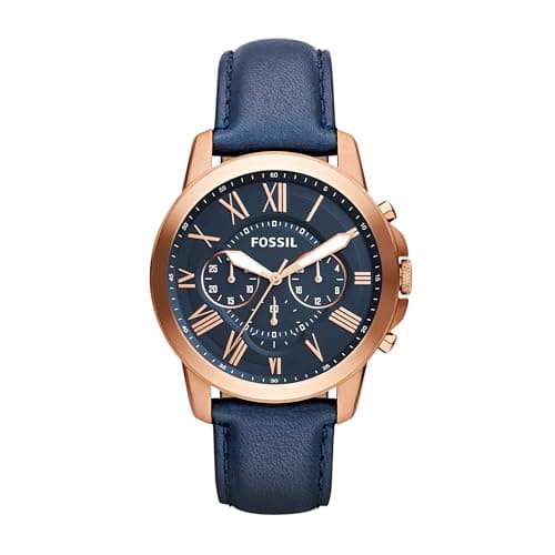 Fossil Men's Grant Quartz Stainless Steel and Leather Chronograph Watch, Color: Rose Gold, Navy (Model: FS4835)