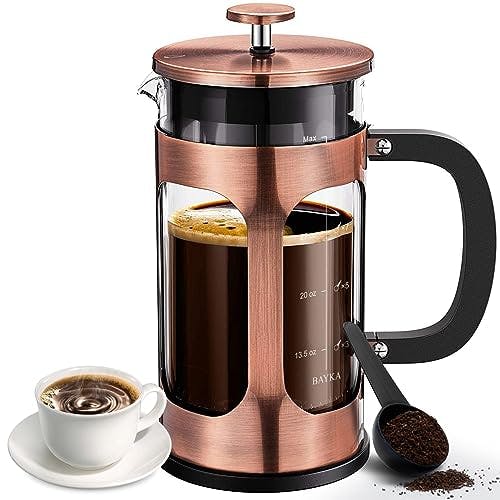 BAYKA 34 Ounce 1 Liter French Press Coffee Maker, Glass Copper Stainless Steel Coffee Press, Cold Brew Heat Resistant Thickened Borosilicate Coffee Pot, Gifts for Camping Dad Mom Men Women
