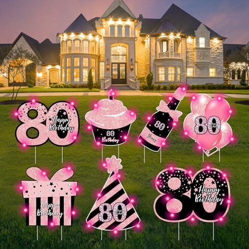 ComboJoy 80th Birthday Decorations for Women - 7PCS Black & Pink 80th Birthday Yard Signs with Stakes, 2 Pcs LED Lights, Light up at Night, Weatherproof, Perfect Outdoor Lawn Party Decorations