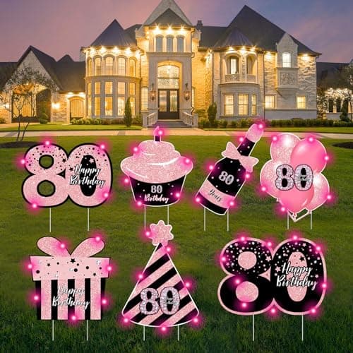 80th Birthday Decorations for Women - 7 Pcs Black & Pink Birthday Yard Signs with Stakes, 2 Pcs LED Lights, Sparkling at Night, Weatherproof, Perfect Outdoor Lawn 80th Decorations