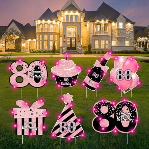 ComboJoy 80th Birthday Decorations for Women - 7 Pcs Black & Pink 80th Birthday Yard Signs with Stakes, 2 Pcs LED Lights, Sparkling at Night, Weatherproof, Perfect Outdoor Lawn 80th Decorations