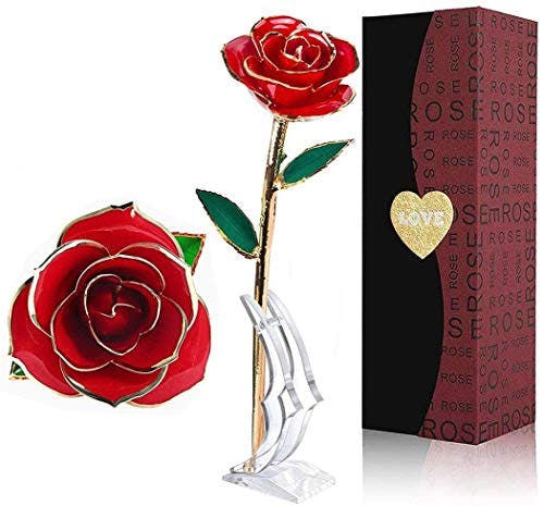 Gold Dipped Rose 24k Red Gold Plated Rose - Everlasting Long Stem Real Rose Exquisite Holder, Romantic Gift for Valentine's Day, Best for Her Anniversary and Mother's Day