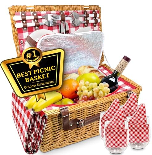 Luxury Picnic Basket for 4: Insulated Wicker Hamper with Plaid Blanket, Wine & Cheese Essentials, Waterproof Compartment, Classic White Willow Set for Outdoor, Beach, Camping, Vintage Couples Date Kit