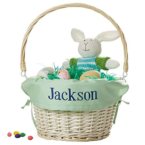 Personalization Universe Personalized Hand-Woven Willow Easter Basket with Folding Handle -First Easter, Egg Hunt, Vintage-Inspired Design, Embroidered with Any Name - Light Green