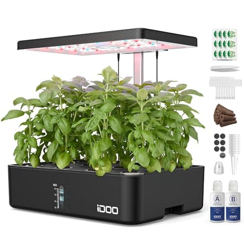 iDOO Hydroponics Growing System Kit 12Pods, Gardening Gifts for Women Mom, Indoor Herb Garden with LED Grow Light, Built-in Fan, Auto-Timer, Adjustable Height Up to 11.3", 12Pods-Black