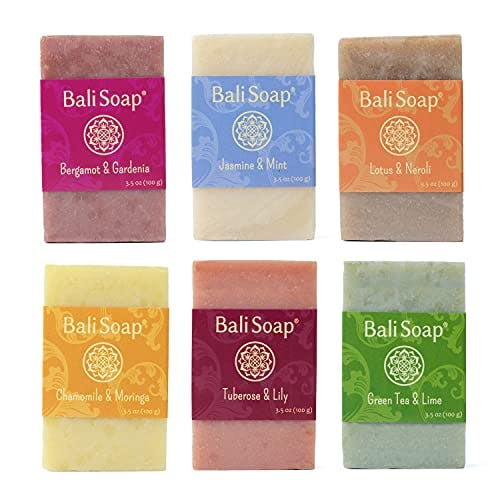 Bali Soap - Feminine Collection Natural Soap Bar Gift Set, 6 pc Variety Pack, Bergamot-Gardenia, Jasmine-Mint, Lotus-Neroli, Chamomile-Moringa, Tuberose-Lily, Greentea-Lime 3.5 Oz each
