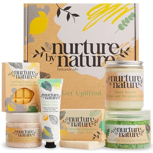 Nurture by Nature RELAX & UPLIFT Pamper Spa Kit – Christmas Gifts for Women – Spa Gift Basket with Bath Salts, Bath Bombs & Candle – Self-Care Kit – At-Home Spa Set for Special Occasions, Bath Set