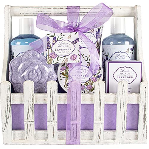 Bath Spa Basket Gift Set, with Lavender & Jasmine Scent, Home Spa Gift Basket Kits for Women, Includes Body Lotion, Shower Gel, Bath Salts, Bubble Bath, Body Mist, Bath Soap, Bath Bom