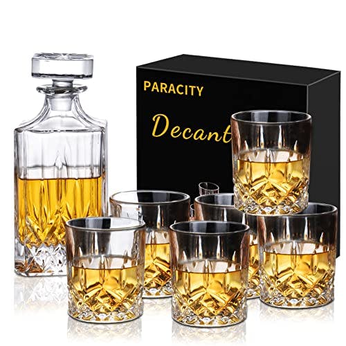 PARACITY Whiskey Decanter and Glasses Set, Crafted Crystal Liquor Decanter Set with 6 Whiskey Glasses for Bourbon Scotch Vodka Wine or Gifts for Men