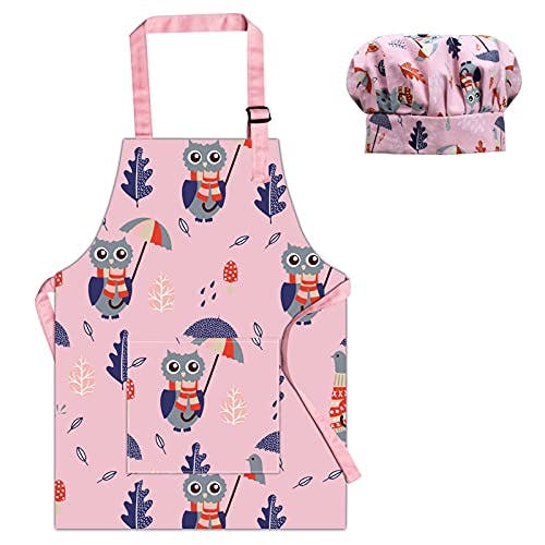 Pipoobear Kids Apron and Chef Hat for Girls Aged 6-12, Pink Children Kitchen Chef Costume Dress Up Set, Toddler Cotton Apron with Pocket and Adjustable Strap for Cooking Baking Painting Gardening