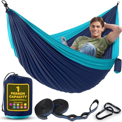 Durable Hammock 400 lb Capacity, Nylon Camping Hammock Chair - Double or Single Sizes w/Tree Straps and Attached Carry Bag - Portable for Travel/Backpacking/Beach/Backyard (Medium, Blue & Light Blue)