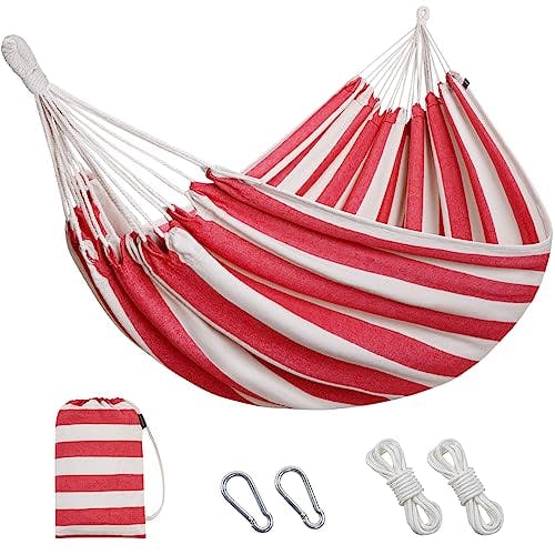Brazilian Double Hammock 2 Person with Tree Straps, Cotton Hammock with Carrying Bag - Woven Hammock for Patio, Backyard, Porch, Outdoor and Indoor Use - Soft Cotton Fabric Hammocks