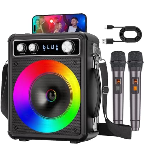 VOSOCO Karaoke Machine, Portable Bluetooth Karaoke Speaker with 2 Wireless Microphones, PA System for Adults Kids with LED Lights, Supports FM/AUX/USB/TF for Home Party