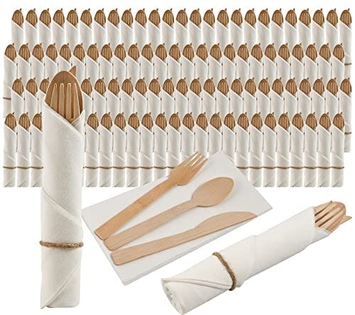 Pre Rolled Napkin and Bamboo Cutlery Set - 100Pack Bamboo Utensils/Compostable Cutlery(100 Forks, 100 Knives, 100 Spoons, 100 Napkins), Biodegradable Wrapped Cutlery for Party, Banquet, Wedding