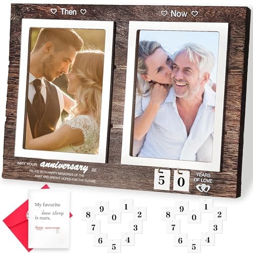 RIJIAKESEN Then & Now 50th Wedding Anniversary Picture Frame, Wedding Gifts Idea for Couple or Parents,Engagement -Anniversary Wood Photo Frame.Size 11.8inch*8.7inch.