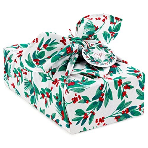 Hallmark 26" Reusable Christmas Gift Wrap (1 Fabric: Red Holly, Green Foliage, Natural Cotton) for Holiday Parties, Housewarming Gifts