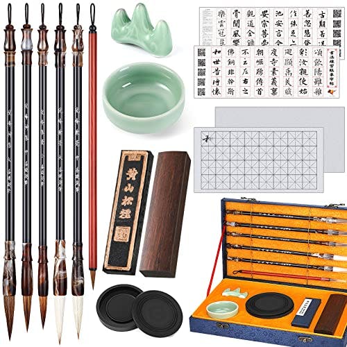 14 Pieces Chinese Calligraphy Brushes Gift Set Painting Writing Brushes Watercolor Brushes Set Sumi Painting Brushes Kanji Art Brushes with Calligraphy Copy Card and Water Writing Cloth for Beginners