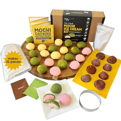 Global Grub Original DIY Mochi Ice Cream Kit - Kit Includes Sweet Rice Flour, Potato Starch, Matcha Powder, Cocoa Powder, Ice Cream Mochi Maker, Dough Cutter, Cooking Instructions. Makes 32 Pieces