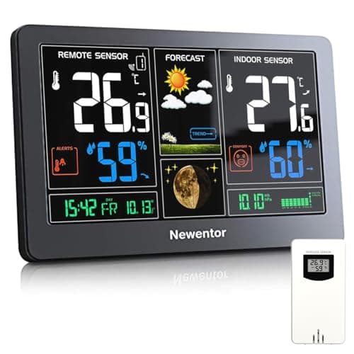 Newentor Weather Station Wireless Indoor Outdoor Thermometer, Color Display Digital Weather Thermometer with Atomic Clock, Barometric Pressure, Forecast Station with Adjustable Backlight, Black