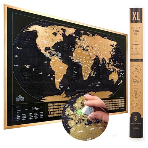 Travelization XL Scratch Off World Map with 196 Country Flags 36" x 24" Frameable World Map with Vibrant Colors and Premium Gold Coating, Beautiful Scratch Map for Travelers, Black