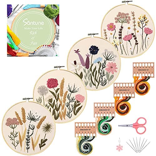 Santune 4 Sets Embroidery Kit,Cross Stitch Kits for Beginners,Needlepoint Kits for Adults with Easy Stamped Floral Pattern Fabric Hand Crafts,2 Hoops,Needle,Women DIY Hanging Plants,Sewing Hobby