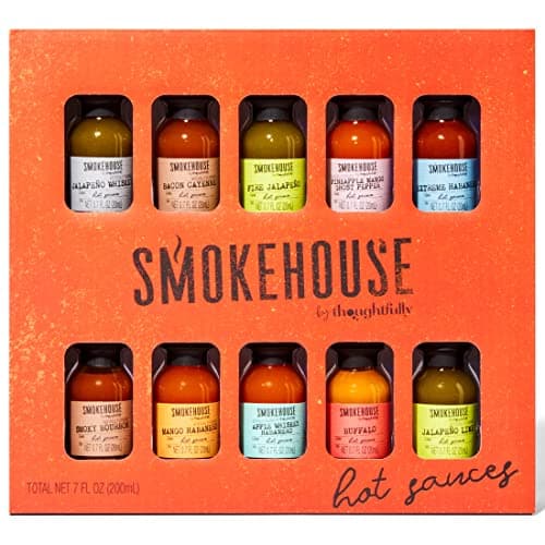 Father's Day Gift - Gourmet Hot Sauce Gift Set, Flavors Include Mango Habanero, Buffalo, Bacon Cayenne, Smoky Bourbon, Fire Jalapeño and More, Hot Sauce Variety Pack, Smokehouse by Thoughtfully, Set of 10