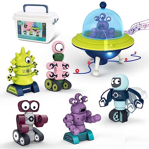 HOLYFUN Kid Magnetic Walking Musical Space Toy with 35PCS Stacking Blocks Building Robot, Storage Box, STEM Educational Electronic Flying Saucer and Magnetic Robot Gift for Children Toddler Boy Girl