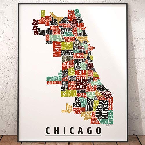 Chicago neighborhood map print, signed print of my original hand drawn Chicago typography map art