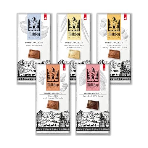 Milkboy Swiss Gourmet Milk Chocolate Bars - Dark Chocolates - White Chocolate Bar - Premium Handmade Chocolate Variety - Kosher - GMO Free - Chocolates Candy - 5 Pack