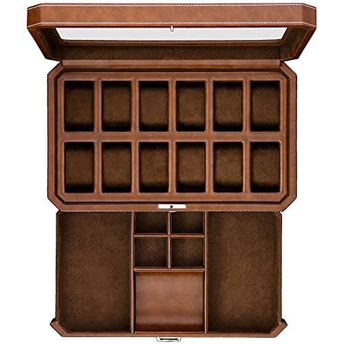 ROTHWELL 12 Slot Leather Watch Box with Valet Drawer - 12 Slot Luxury Watch Case Display Organizer, Microsuede Liner, Mens Accessories Holder, Jewelry Case, Jewelry Display Organizer (Tan/Brown)