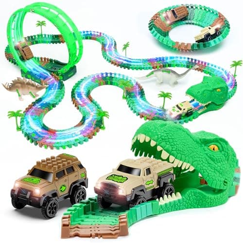 JITTERYGIT Dinosaur Jurassic Race Track Train Glow in The Dark World Toy Set, Kids Dino Racetrack Park Includes T-Rex & Triceratops Playset - Best Birthday Gift for Boys & Girls 3 4 5 6 7 8 Year Old