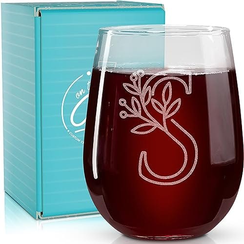 On The Rox Drinks Monogrammed Gifts For Women and Men - Letter A-Z Initial Engraved Monogram Stemless Wine Glass - 17 Oz Personalized Wine Gifts For Women and Men (S)