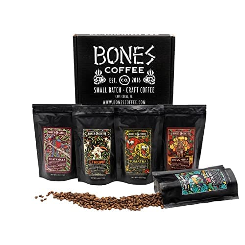 Bones Coffee Company NEW World Tour Sample Pack | Ground Coffee Beans Sampler Gift Box Set | 4 oz Pack of 5 Assorted Single-Origin Gourmet Coffee Gifts | Medium Roast Coffee Beverages (Ground)