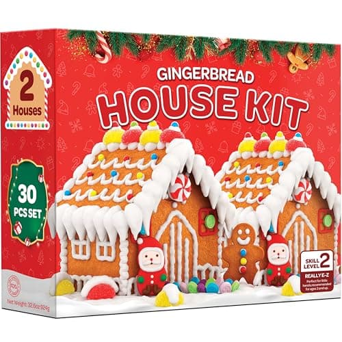 Gingerbread House kit [Set of 2] DIY Gingerbread House, Fun Holiday Activity for Kids, Ease Crafted Grooves Decor Kit of 2 Houses/4 ppl/Fondant/Snowflakes/Candies/Jellies/Beads/Buttons/Tray 30 Pcs Set