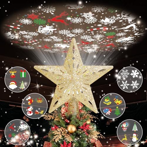 Christmas Tree Topper Lighted with 6 Projected Patterns, Christmas Star Tree Topper Built-in LED Rotating Lights, 3D Glitter Projector for Party Holiday Xmas Decorations Gifts (Gold)