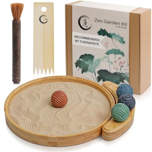 Japanese Zen Garden Kit for Desk - Premium Sand Garden - Mini Zen Décor Office Desktop Accessories - Bamboo Crafted Meditation Therapy Tray - Gift Set - 4 Stamp Spheres Natural Rake Custom Holder