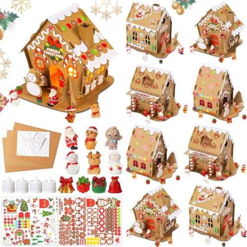 Hiboom 8 Pack LED Lighted Christmas Gingerbread House Kit Christmas Crafts for Kids Cardboard Gingerbread House Build Gingerbread House Supplies for Christmas Party Game