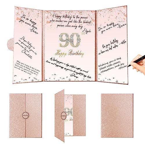 Crenics Rose Gold 90th Birthday Paper Party Decorations, Creative 90th Birthday Guest Sign in Book Alternative, 90th Birthday Signature Book 12" x 18", Great 90 Years Old Birthday Gifts for Women