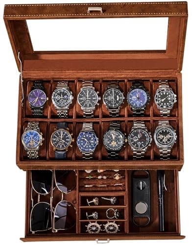 BEWISHOME 12-Slot Watch Box, 2-Layer Watch Case With Large Glass Lid, Mens Jewelry Box, Watch Display Case with Removable Watch Pillows, Watch Holder Organizer Watch Storage for Men Espresso SSH12Z