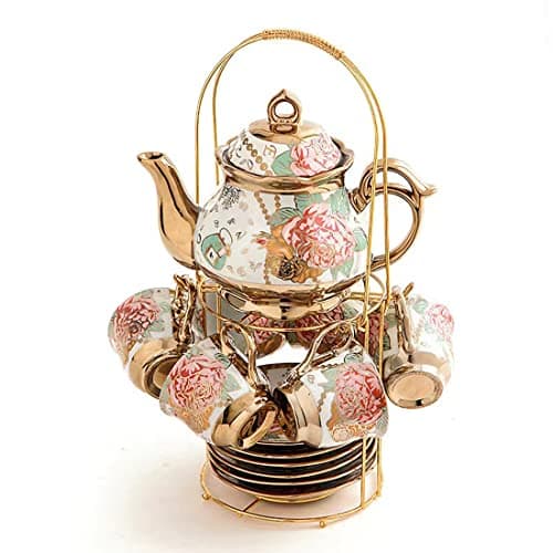 CHANJOON Gold Plated Red Rose Ceramic Tea Set, Vintage Tea Set with Teapot, Beautiful Tea Set Coffee Serving 6 People (Golden, Medium)