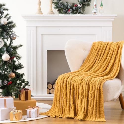 Battilo Mustard Yellow Throw Blanket for Couch, Sofa, 51"x67", Cable Knit Throw Blanket, Woven Chenille Throw Blankets for Bed, Fall Decor Boho Throw Blanket, Soft Warm Cozy Couch Blanket