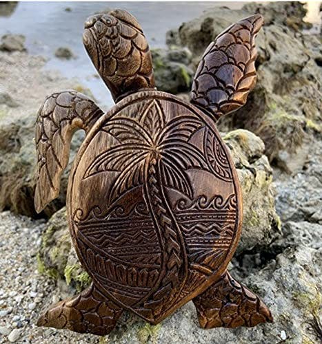 Sea Turtle Statues Hawaiian Garden Turtles Outdoor Decor Indoor Garden Cute Tortoise 6 inch Wooden Tortoise Turtle Statue Hand Carved Sculpture Wood Decorative (Brown)