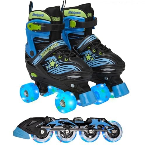 Xino Sports 2 in 1 Combo, Kids Roller Skates and Inline Skates - Interchangeable LED Light Up Skates for Kids Ages 6-12, Teens & Adults, Adjustable Inline Skates for Girls and Boys (Black, Large 5-8)