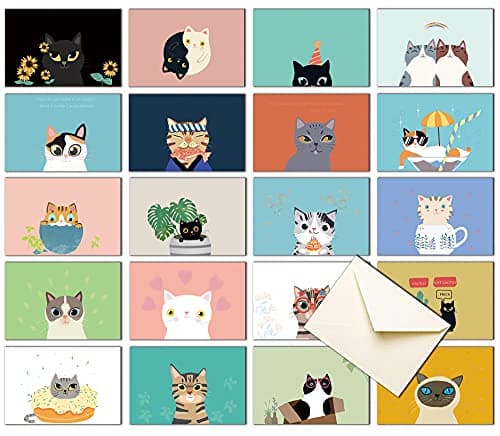 20 Greeting Cards, Blank Thank You Cards With Envelopes & Stickers-Cute Cat Bulk Note Cards Stationery Box Set For All Occasions Birthday Thank You Wedding and More.Cat greeting cards