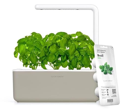 Click & Grow Indoor Herb Garden Kit with Grow Light | Smart Garden for Home Kitchen Windowsill | Easier Than Hydroponics Growing System | Vegetable Gardening Starter (3 Basil Pods Included), Beige